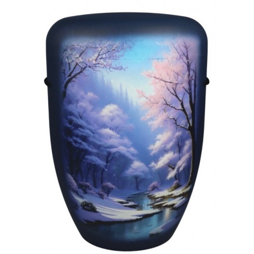 Hand Painted Biodegradable Cremation Ashes Funeral Urn / Casket - Winter Miracle on Blue-Lilac Matt